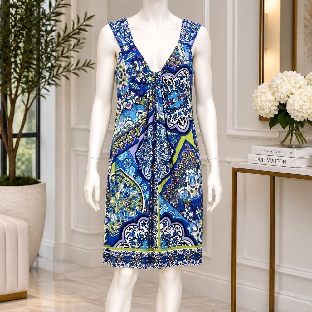 London Times Womens Sheath Dress Blue Paisley Medallion V-Neck Size 10 Petite